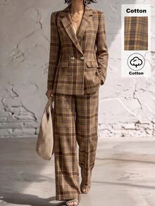 SHEIN 秋冬女款格紋純棉兩件式套裝，雙排釦西裝外套搭配高腰寬腿長褲，復古格紋辦公商務穿搭套裝 - 彩色 - 查看 5
