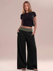 Avantive Women's Waist Patchwork Plaid Wide Leg Loose Long Pants - Multicolor - View 1