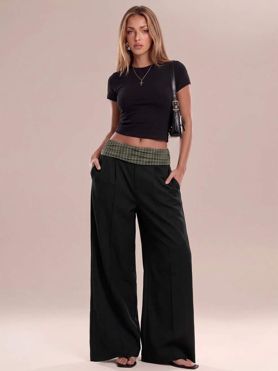 Avantive Women's Waist Patchwork Plaid Wide Leg Loose Long Pants - Multicolor - View 1