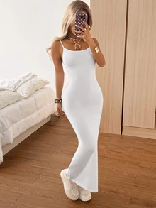 SHEIN EZwear 女款白色針織修身休閒細肩帶洋裝 - 白色 - 查看 8
