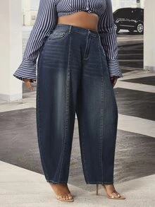 Slaydiva Celana Jeans Wanita Ukuran Besar dengan Saku dan Efek Cuci Vintage, Potongan Kaki Melengkung - Dark Wash - View 6