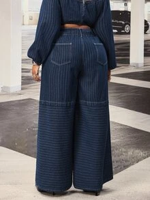 Slaydiva Plus Size Women's Non-Stretch Striped Wide Leg Loose Casual Versatile Denim Jeans - Dark Wash - View 2
