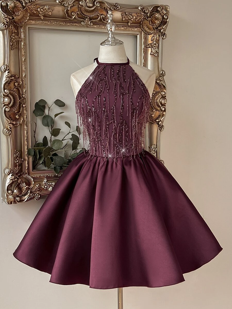 Lovelzi Elegant Romantic Fashion Berry Red Tassel Sequin Lace Patchwork Satin Halter Neck Design Oversized Flare Short Dress Suitable For Homecoming, Prom, Wedding, Party And Other Formal Occasions - Red Violet - View 1