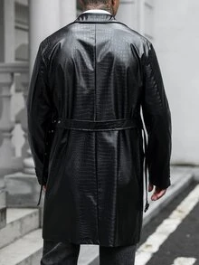 Manfinity CasualCool 男士鈕扣前襟長袖口袋極簡休閒風衣，戶外PU風衣，適合送給朋友或丈夫的禮物 - 黑色 - 查看 2
