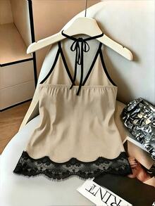 SHEIN EZwear 女款蕾絲拼接撞色休閒性感掛脖背心上衣，黑色與米色，適合日常、夜晚外出、夏季穿著 - 卡其色 - 查看 2