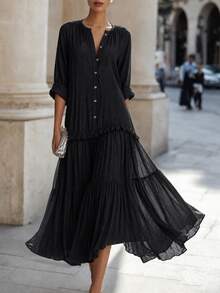 SHEIN Summer New Vintage Lapel Bohemian Contrast Mesh Casual Fashion Maxi Dress - Black - View 8