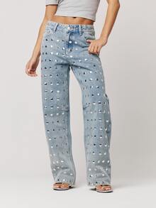 Mid Rise Mirror Studded Baggy Fit Straight Leg Jeans Fall Autumn Winter Back To School Daily Everyday - Blue - View 3