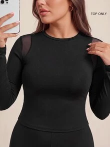 SHEIN Dewbera Women's Plus Size Solid Color Contrast Mesh Long Sleeve Sports T-Shirt - Black and White - View 4