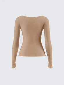 SHEIN BASICS 女款休閒針織修身長袖圓領基本款T恤，冬季女裝穿搭 - 駝色 - 查看 4
