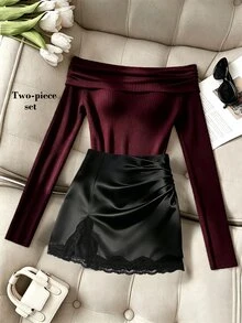 RosyDaze Fall Back To School Teacher Outfit 2 Pieces Set, Burgundy Off Shoulder Ribbed Long Sleeve Top & Ruched Lace Trim Satin Mini Skirt, Elegant Fall Winter - Burgundy - View 3