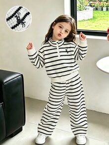 SHEIN 女童條紋 2 件組針織套裝，半拉鍊長袖套頭衫與寬腿長褲組合，休閒柔軟 - 黑與白 - 查看 3