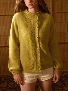 MOTF STUDIO Cardigan Rajut Pendek Hangat Berbahan Bulu Halus untuk Wanita, Musim Gugur/Musim Dingin - Mustard Yellow - View 7