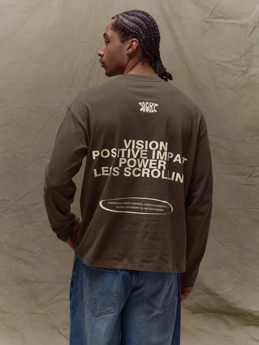 Musero Oversized Long Sleeve Crewneck Graphic T-Shirt Wardrobe Spring&Summer - Coffee Brown - View 1