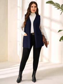 SHEIN PETITE CURVE 大尺碼純色無袖寬鬆口袋簡約休閒外套，春夏穿著，秋冬度假適用 - 藏蓝色 - 查看 3