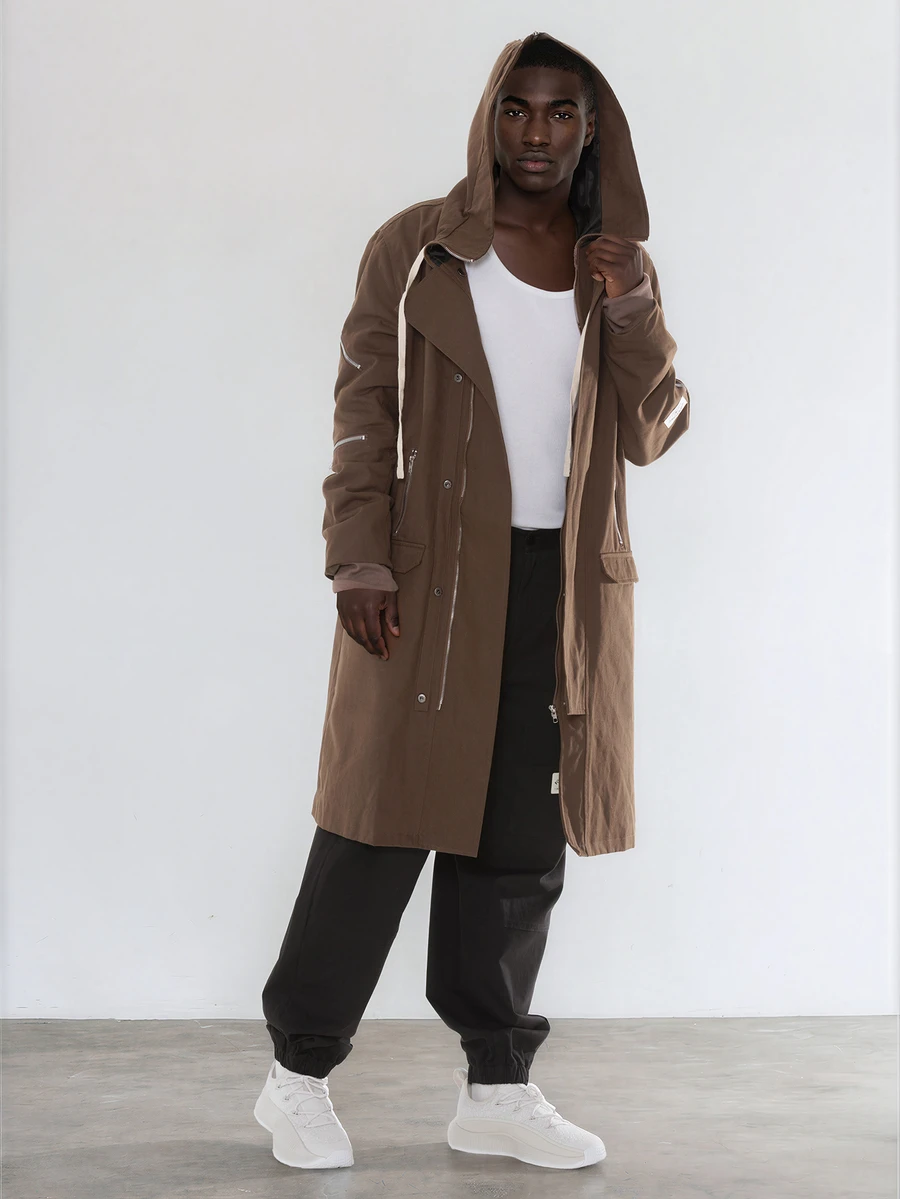 FORM&CHAOS Men's Loose Fit Workwear Zip-Up Hooded Long Sleeve Windbreaker Jacket, Autumn/Winter - Brown - View 1