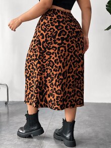 SHEIN PETITE CURVE 大尺碼女款豹紋彈性腰開衩裙 派對穿搭 節慶服飾 - 彩色 - 查看 2