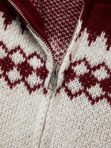 SHEIN Cardigan Rajut Berkerudung dengan Resleting Motif Rusa Natal Musim Gugur/Musim Dingin untuk Wanita, Gaya Geometris Vintage Lengan Panjang - Red and White - View 6