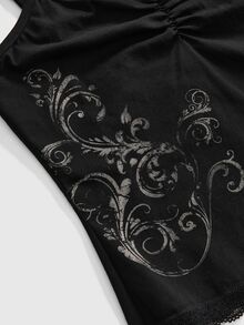 ROMWE Fairycore Women's Floral Print Pleated Contrast Lace Camisole - Black - View 4
