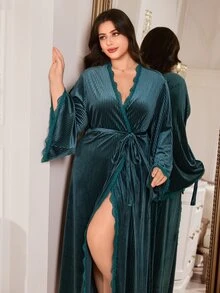 MuseNap CURVE Dark Green Ribbed Velvet Lace V-Neck Tie Long Plus Size Women's Loungewear Bathrobe Morning Robe - Dark Green - View 3