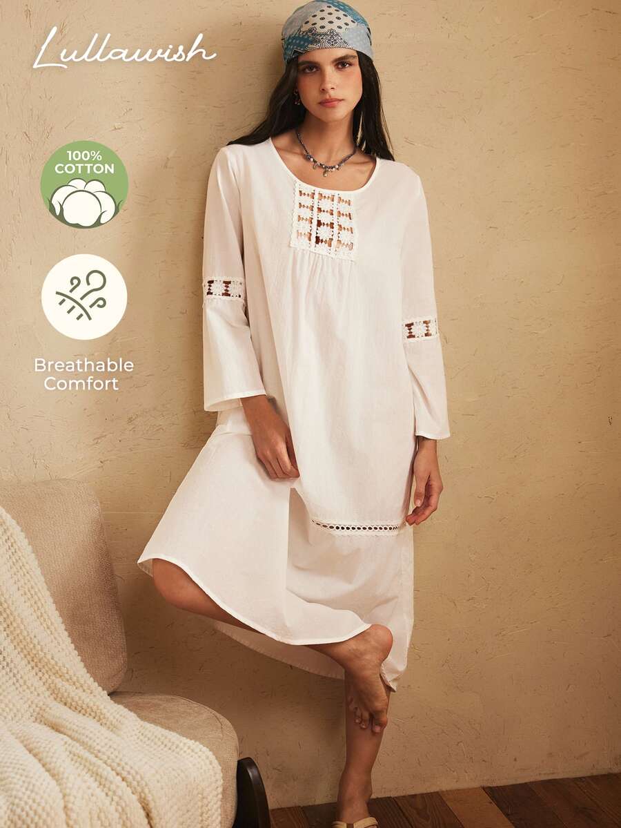 Lullawish Women's Bohemian Hollow Embroidery Lace Patchwork Comfortable Loose White Pure Cotton Nightgown - White - View 1