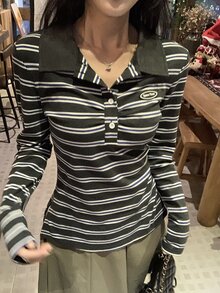 DAZY Women's Collared Striped Long Sleeve T-Shirt, Autumn/Winter - Blue - View 1