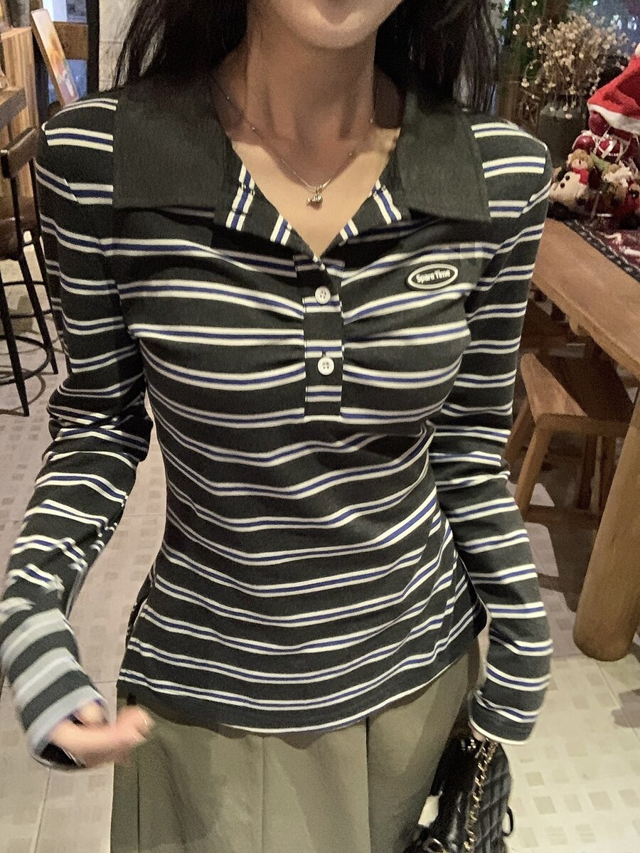 DAZY Women's Collared Striped Long Sleeve T-Shirt, Autumn/Winter - Blue - View 1