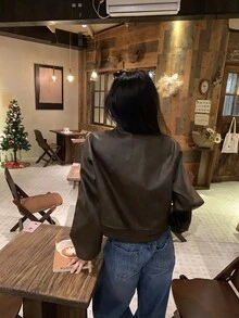 DAZY Women's Solid Color PU Leather Long Sleeve Zipper Front Casual Jacket - Black - View 2