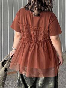 Dazy Plus Solid Color Contrast Mesh Doll Blouse Cute Pullover Short Sleeve Spring Summer Autumn T-Shirt - Brown - View 2