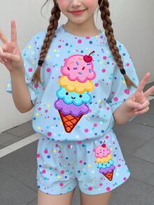女童少女休閒簡約可愛夏季奶油色圖案紮染甜美度假風圓領上衣 - 彩色 - 查看 2
