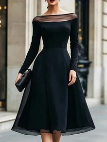 Balvessa فستان نسائي أنيق بلون موحد مع شبكة متباينة بياقة قارب وأكمام طويلة - أزرق بحري - مشاهدة 2