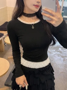 DAZY 女款蕾絲飾邊修身百搭日常長袖上衣 - 黑色 - 查看 5