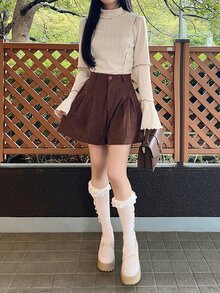 FRIFUL Women's Solid Color High Neck Bell Sleeve Casual Romantic Cute Versatile T-Shirt Brunch Apricot Autumn - Beige - View 9