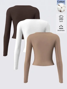 SHEIN BASICS 3件組女款純色方領T恤 - 彩色 - 查看 5
