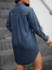 SHEIN Tall Women's Long Sleeve Collared Denim Shirt Dress, Front Button Closure, Patch Pockets, Curved Hem, Casual Denim Mini Skirt - Dark Wash - View 4