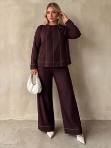 Auralis Plus Size Women's Round Neck Long Sleeve Shirt And Pants Casual 2 Pieces Set - Brown - View 3