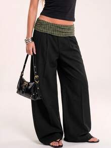 Avantive Women's Waist Patchwork Plaid Wide Leg Loose Long Pants - Multicolor - View 6