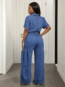 Slaydiva Women's Sexy Front Knot Ruched Waist Denim Jumpsuit - Blue - View 2