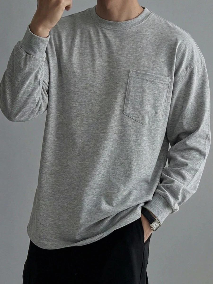 DAZY Kaos Pria Lengan Panjang Tipis Warna Abu-abu Musim Semi/Musim Gugur dengan Manset Lengan dan Desain Saku Dada - Light Grey - View 1
