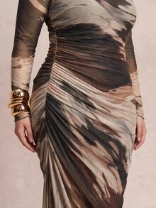 SHEIN Tall CURVE 大尺碼紮染長袖抓皺度假洋裝 秋季款 - 彩色 - 查看 4