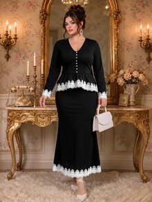 Roveilla Plus Size Women's New V-Neck Design Long Sleeve Blouse With Cuff Lace Patchwork + Fitted Mermaid Hem Skirt With Lace Patchwork And Color Block, Elegant Two Pieces Set, Fashion Two Pieces Set, Elegant Two Pieces Set, Daily Wear, Party And Other Occasions - Black and White - View 6