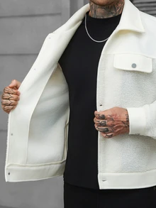 Manfinity CasualCool Men's Patchwork Wool Solid Color Button Long Sleeve Coat, Autumn Clothing, Winter - White - View 7