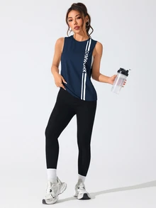 SHEIN Sports 女款字母印花日常健身運動背心 - 藏蓝色 - 查看 3