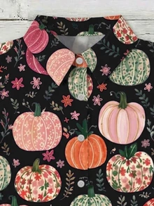 Mellowie Plus Size Women's Pumpkin Plant Pattern Ruffle Short Sleeve Single-Breasted Shirt - Black - View 3