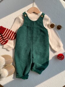 SHEIN 男嬰綠色百搭舒適燈芯絨吊帶長褲，適合秋冬聖誕節 - 綠色 - 查看 1