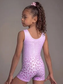 女童運動服 無袖舞蹈健身操 7歲生日體操連身衣短褲 透網水鑽 紫色箔面表演服 秋季 - 紫色 - 查看 3