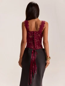 SHEIN BAE Autumn/Winter Solid Burgundy Lace & Velvet Women's Lace Trim Patchwork Bustier - Burgundy - View 2