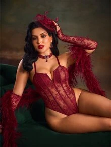 PinupPomp Body moldeador de encaje ultra sexy con mangas, estilo hot girl, atuendo de fiesta y lencería exterior, escote en V profundo - Burdeos - Ver 6