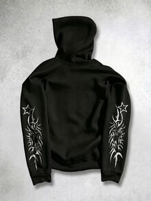 ROMWE MEN Street Life Teen Boy Gothic Print Long Sleeve Zip-Up Hooded Sweatshirt Jacket - Black - View 4
