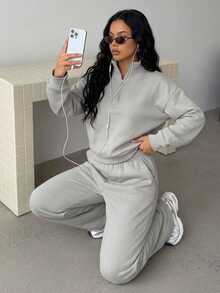 DAZY American Style Half-Zip Sweatshirt 2 Pieces Set For Women, Cropped Waist-Exposing Top And Loose Wide-Leg Sweatpants - Grey - View 2