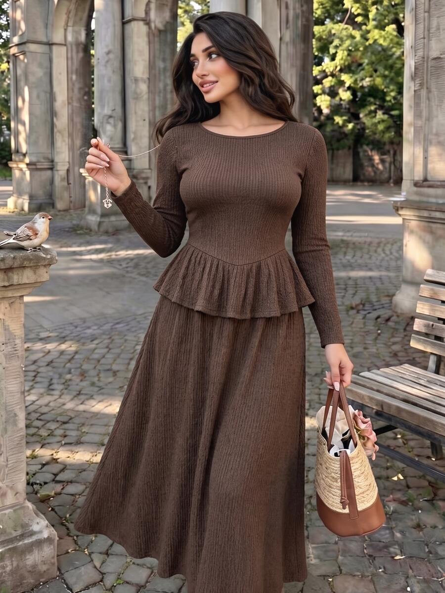 Modelyn 2pcs/Set Textured Elastic Knit Plus Size Women Elegant Long Sleeve Top And A-Line Elastic Waist Skirt, Suitable For Autumn/Winter Date And Casual Occasions - Brown - View 1